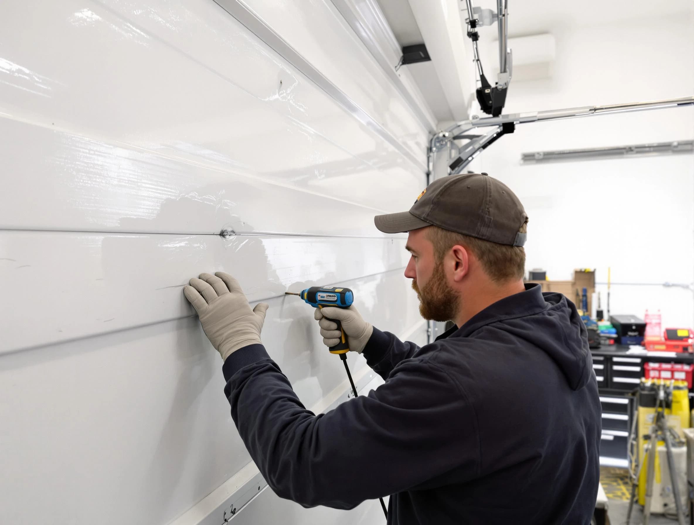 Jefferson Hills Garage Door Repair technician demonstrating precision dent removal techniques on a Jefferson Hills garage door